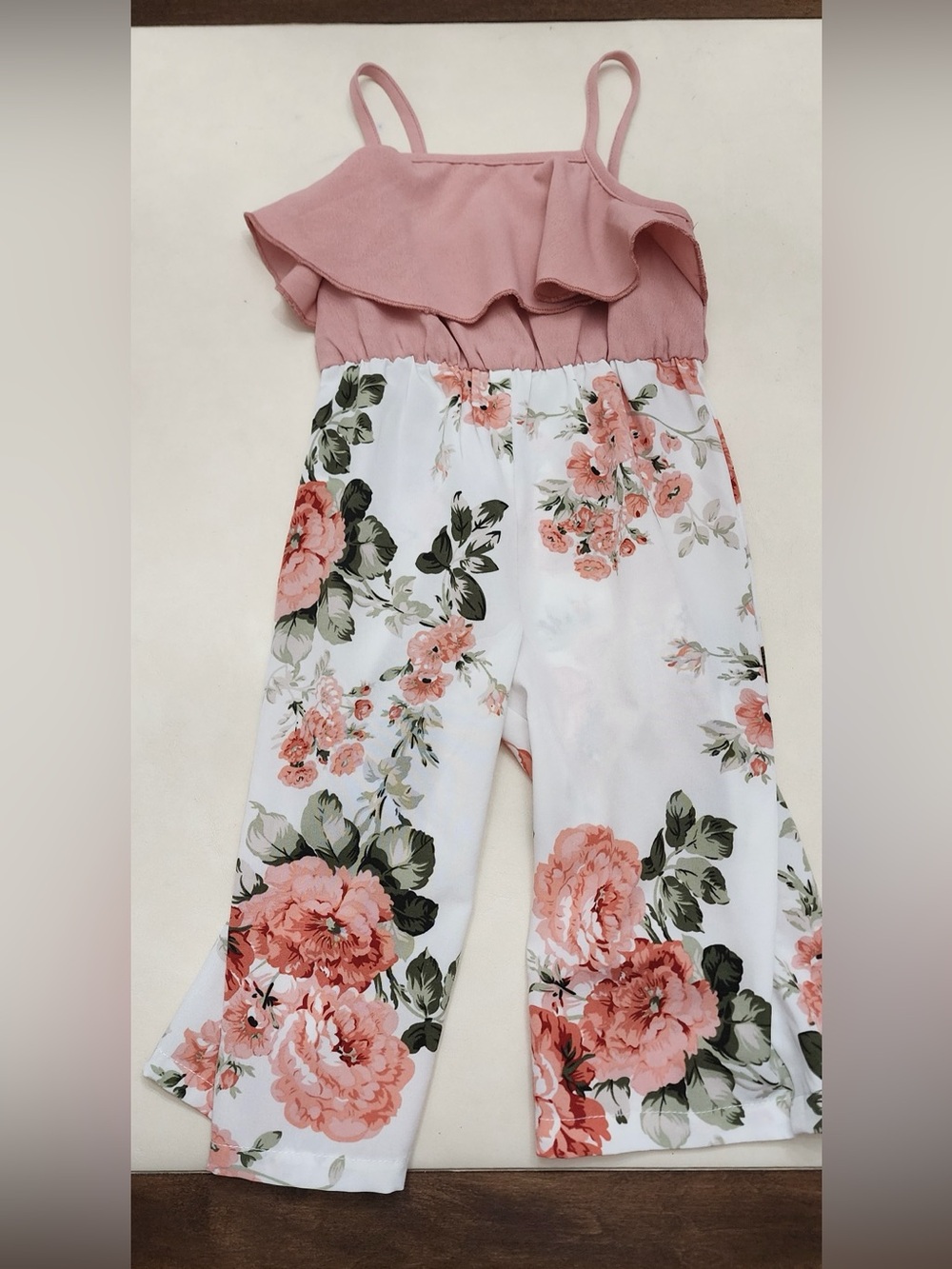 SHEIN Pink & White Floral Ruffle Strap One-Piece Bodysuit
